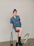 2 Piece Sets Womens Outfits Summer Blazer Shorts Set Vintage Stringy Selvedge Blue Fashion Top And Short