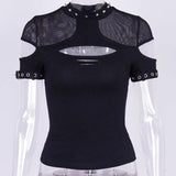 Knitted Gothic Vintage Hollowed-Out Short-Sleeved T-Shirt Spring Ins Dark Style Slim