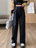 Women Casual Wide Leg Cargo Pants Vintage Low Waist Drawstring Joggers Tech Pants Solid Button Hippie Streetwear Baggy