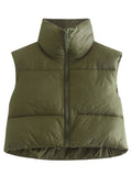 Women Fashion Brown Cropped Vest Coat Female Stand Collar Zipper Waistcoat Ladies Casual