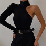 Zingj Winter New Women's Fashion One Shoulder Long Sleeve Round Collar Slim Solid Color Onesie