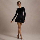 Black Velvet Long Sleeve Puff Trim Bodycon Mini Dress- Outfit