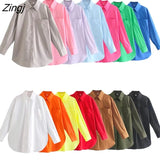Women Fashion Candy Colors Pockets Patch Loose Poplin Blouses Ladies Long Sleeve Business Shirts Blusas Chic Tops