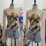 One-Shoulder Horn Long-Sleeved Mesh Yarn-Print T-Shirt With Short Tight Top