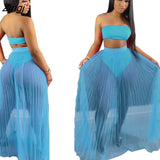 Up Skirt Swimsuit Women 3 Piece Set Strapless Crop Tops Pants And Mesh Skirt Fashion Pleated Beach