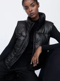 Women Black Pu Puffy Vest American Streetwear Winter Thick Parkas Jacket Fashion Outwear Faux Leather Down Waistcoat