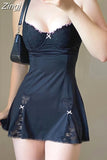 Y2K Retro Lace Patchwork Strap Bow Black Dress Mini Fashion Aesthetic Bow Club Party Sexy Dresses for Women
