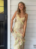 Gradient Mesh Ruffles Patchwork Sling Dress Women Summer V Neck Backless Long Dresses 2024 Fashion Female Holiday