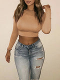 Sleeve Crop Top Women Shirts Harajuku Korean Black Burgundy Sexy Clothes Turtleneck Basic Short T Shirt