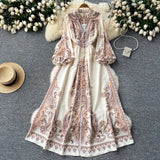 Vintage Dress Women's High-End V-Collar Lantern Sleeves Show Thin Waist Fashionable Print Forked