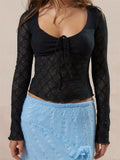 Vintage Women Spring Fall Slim Fit Lace T-shirts Crop Tops Long Sleeve Low Cut Tie Up Tees Shirts Party Clubwear 2025 211-1-Outfit