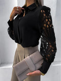 Sexy Lace Hollow Out Women Blouse 2023 Spring Black Vintage Button Up Shirts Top Long Sleeve Mesh Design Tops Femme