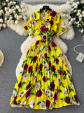 Women Floral Pleated Chiffon Dress Vintage Turn-Down Collar Short Sleeve Single Breasted Printed Draped Midi Vestidos