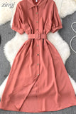Vintage Green/Blue/Red Turn-Down Collar Single Breasted Dress Casual Short Sleeve High Waist A-Line Midi Robe New