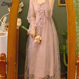 Vintage Fairy Dress Women Count Lace-up Korean Party Midi Dress Retro Casual Elegant Princess Dress 2021 Long Sleeve