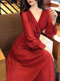 Elegant France Sequin Party Dress Vintage Long Sleeve V-Neck A-Line Robe Women Spring Solid Slim Vestidos