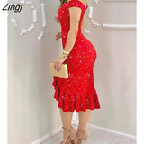 Women Fashion Elegant Sexy Glitter Off Shoulder Ruffles Slit Midi Dress Sexy Party Solid Red Black Bodycon