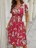 Printed Casual Beach Midi Dresses Women Summer V-neck Short Sleeve Empire Waist A-Line Dress Sundress Vestido Robes