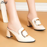 Pointy, Chunky Muller Heels Metal Decoration Women's Shoes Black White High Heel Stylish Patent Leather