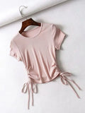 Side Drawstring Tie Up Ruched Tank Tops Women Solid Color Slim Crop Top Ladies Streetwear Ribbed Knitted