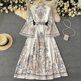 Zingj Dress New Vintage Print Round Neck Horn Sleeve Dress Women's Single Breasted Large Pendulum Irregular Pleated Long