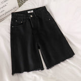 Women Black Straight Trousers Fur-lined Half Zippers Fly Denim Bottom Harajuku Pocket-shorts Streetwear Stretchy Mujer