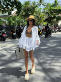 Women's Spring Hollow Out Skirt Suit Chic Long Sleeve Single Breasted Shirts Tiered Mini Skirts Set Female Summer New
