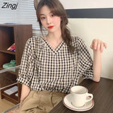 Women Ins Plaid Summer Chic Retro Design V-neck Puff Sleeve Womens Shirts All-match Lovely Trendy College Girls