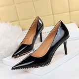 Zingj Sexy Super High Heel Retro Metal Chain Riveted Painted Leather Shallow Pointed High Heels Women's Singles
