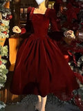 Winter Vintage Christmas Red Velvet Dress French Elegant Square Collar Evening Party Prom Vestidos Women