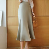 Women Summer Midi High Waist Satin Skirt Elegant A-Line Solid Office Ladies