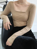 square-neck t-shirt women's slim-fit exposed collarbone low-neck short top bottoming