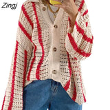 Women Knitted Cardigan with Striped Pattern Button Decoration Loose Version Street Style Spring Autumn Sweater