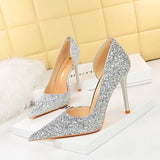Zingj Sexy Banquet High Heels Fine Heel Super High Heel Shallow Mouth Pointed Side Hollow Out Shining Sequined Single
