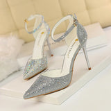 Zingj Korean Version Of Sweet High Heels With High Heel Shallow Pointed Hollow Out A Word With Shiny Rhinestone