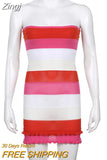 Sexy Women Summer Knit Slim Fit Dresses Contrast Color Striped Print Sleeveless Strapless Bodycon Mini Short