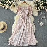Zingj Dress Female Summer French Grandiflorum One Word Shoulder Short Sleeve Fairy Dress Super Fairy Tea Break Slit Over The Knee Long