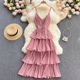 Women Draped Ruffle Spaghetti Strap Dress Sexy Vacation Beach Vestidos Female Elegant High Waist Slim Midi Robe 2023