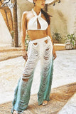 Y2K Solid Knitted Straight Pants for Women Hipster Tassel Hollow Out High-Waist Bottoms Streetwear Christmas