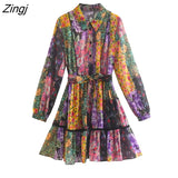 Women Vintage Cloth Patchwork Floral Print Chiffon Mini Shirt Dress Female Long Sleeve Pleat Ruffle Kimono Vestido