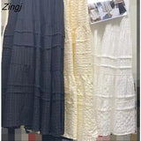 Hollow Out Boho White Skirt Women Elastic High Waist Linen Cotton Long Skirts Vintage Elegant A-Line Beach Skirt