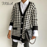 V Neck Women Button Black Houndstooth Cardigan 2020 Long Sleeve Sweater Autumn Winter Knitted Loose Oversized Jumper