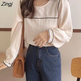 Women OL Elegant Stylish Ladies Top Chic Sweet Lantern Sleeve Solid O-neck Korean Spring Autumn 2023 Ulzzang New