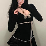 Desire Girls Feel Lace, Bow, Stitching, Slim, Sweet And Spicy V-Collar Long-Sleeved T-Shirt