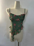 Sweet Hot Ruffles Mesh Camisole Top Lady Camis Sleeveless Printed Floral T shirts High Stretch Slim Tanks For Slim