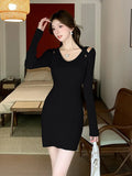 Zingj New Autumn 2024 V-Collar Hanging Neck Long-Sleeved Knitted Dress Shows A Slim Figure And A Bottom-Bagged Hip