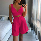 sleeveless short set Women Sexy backless Strap 2Pieces Set deep V neck Crop Top+High Waist Button Shorts Female solid