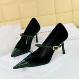 Zingj Banquet High Heels Fine Heel Shallow Pointed Top Xishi Suede Stitching Pointed Metal Buckle One Word Strip Single