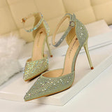 Zingj Korean Version Of Sweet High Heels With High Heel Shallow Pointed Hollow Out A Word With Shiny Rhinestone