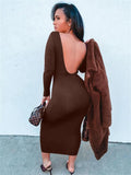 2023 Spring Sexy Backless Midi Dresses Bodycon Elegant Evening Club Party Birthday Brown Long Sleeve Dress